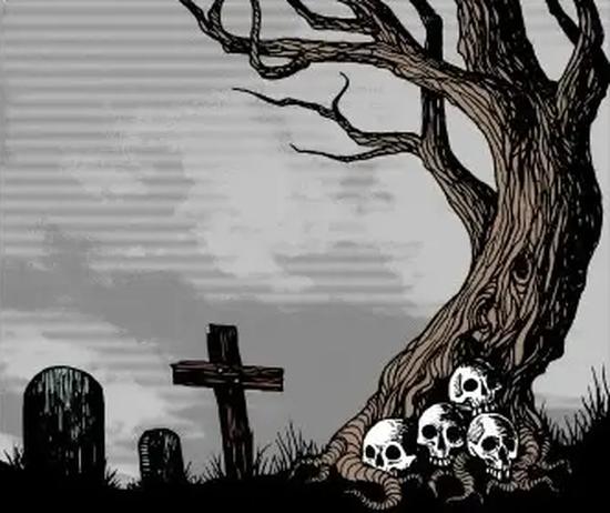 Gräber und Totenköpfe unter einem verkrüppelten Baum