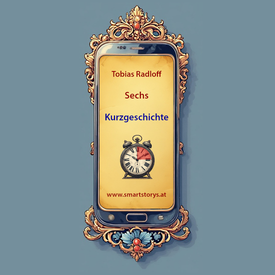 ein stilisiertes Handy zeigt Autorennamen, Titel und das Wort "Kurzgeschichte" über einer Uhr, auf der eine Zeitspanne von 15 Minuten markiert ist